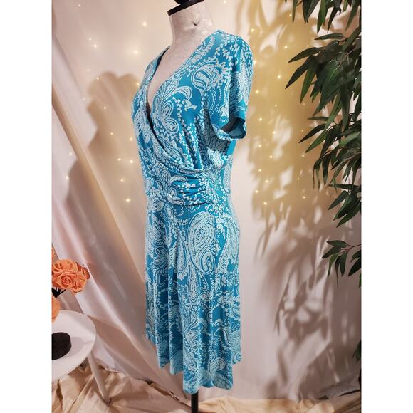 Lands End Paisley Draped Crossover V-Neck Short Sleeve Dress Size M Blue Stretch - Picture 2 of 10